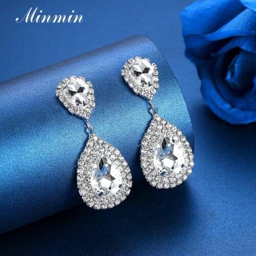 Minmin 6 Colors Teardrop Crystal Long Earrings Rhinestone Bridal Drop Earrings for Women Party Wedding Jewelry 2019 EH003