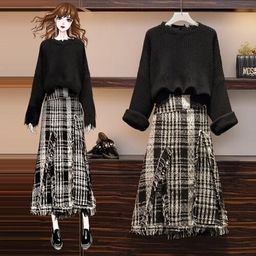 Fashion Women Dress Sets Plus Size Black Tattered Design Sweater Top Plaid Tassel Skirt 2pcs Lady Suit Winter Female Outfits