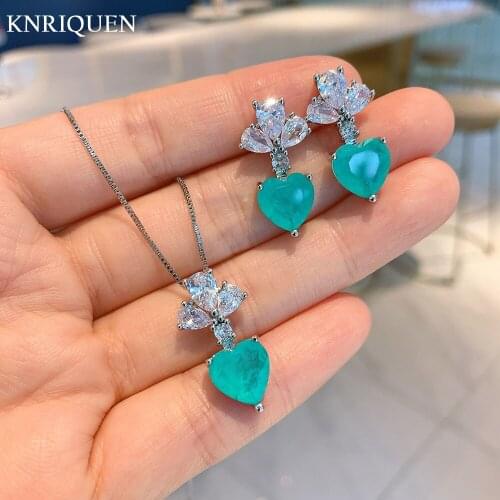 New Arrival Sterling Silver 925 Jewelry Set Heart-Shaped Paraiba Tourmaline Natural Stone Earrings/Necklace for Women Wholesale