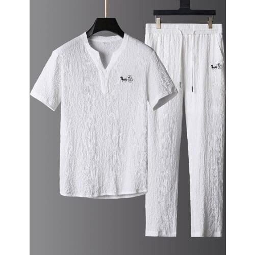 JSBDs new summer Chinese style high end two-piece mens V-neck embroidered slim body short sleeve mens casual sports suit