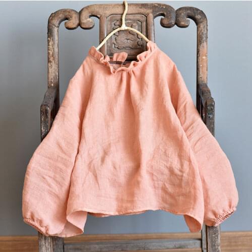 QPFJQD Ladies Linen Ruffled Solid Color Vintage Blouse Tops Long Sleeve Women Autumn Summer Loose Retro Shirt Plus Size
