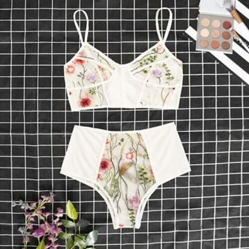 Sexy Floral Embroidered Lace Lingerie Mesh Transparent Underwear Women Set Plus Size Bra Thong Brief Set Erotic Sensual Lingerie