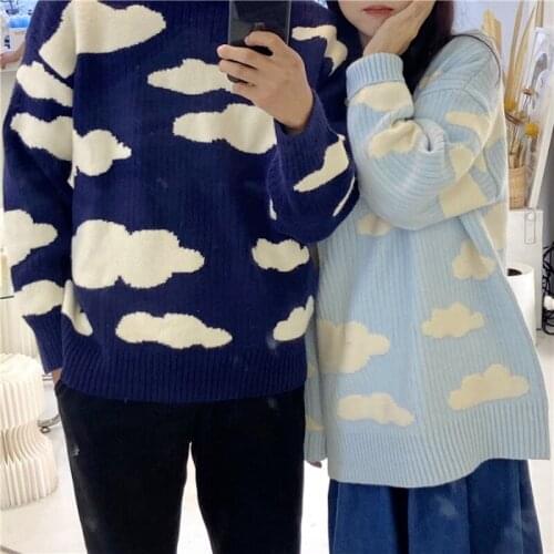 Korean Y2k Blue Sky White Clouds Sweater Women Spring Autumn Loose Oversized Knit Sweater Fashion Woman Streetwear Pullover Top
