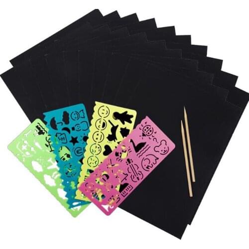 Magic Color Rainbow Scratch Art Paper Card Set with Graffiti Stencil for Drawing Stick DIY Painting Toy Kids