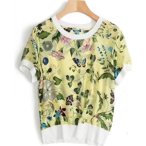 Pure silk knit women fashion printed loose tshirt pullover patchwork color Oneck short sleeve M/L retail mix bulk negotiable