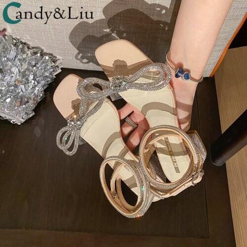 Water Drill Sandals Womens Rough Heels 2021 Summer New Mid-Heeled Bow Size Small Size Sandals 32-43