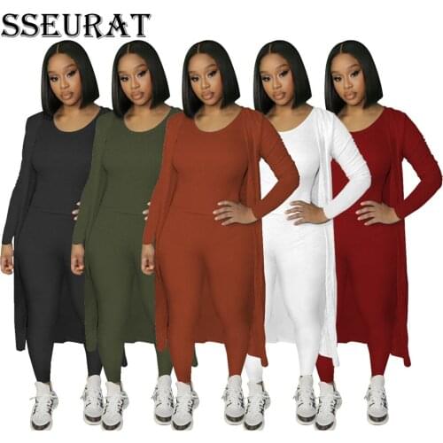 SSEURAT Women Set Solid O-neck Vest Tops Pencil Pants Full Sleeve Long Coat Three Piece Set Casual Outfits Tracksuit Fall
