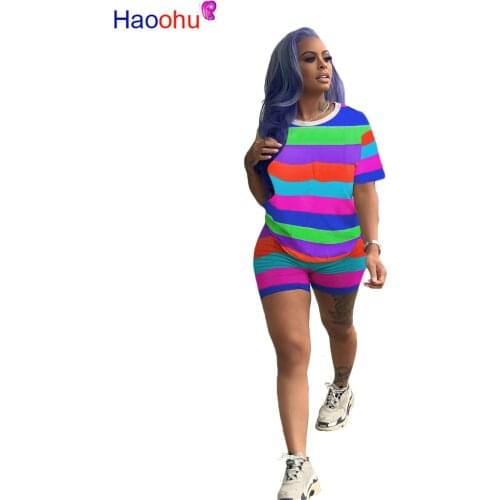 HAOOHU Rainbow Striped Plus Size Two Piece Set Tracksuit Women Festival Top+Biker Shorts 2Piece Matching Sets Summer Outfits