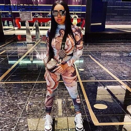 2020 Women Sexy Print Sport Outfit For Woman Turtleneck Long Sleeve Jumpsuits Stretchy Yoga Set Workout Sportywear Casual Outfit