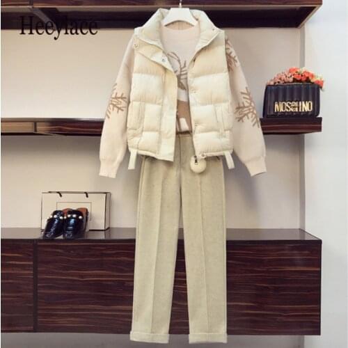 Plus Size winter thicken Warm Tracksuit women Christmas Sweater Top+parkas vest And Woolen Pant Three Piece Set women Outfit