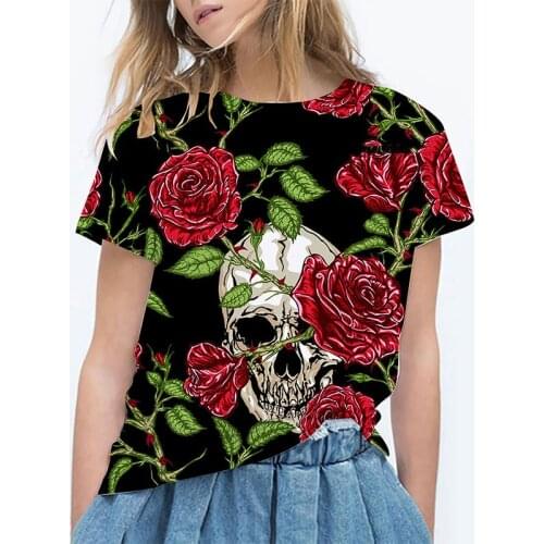 Skull flower 3D printing womens short-sleeved O-neck top casual fun style clothing summer fashion new oversized T-shirt S-6XL