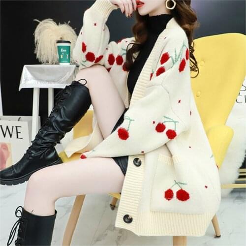 Autumn Fashion Cherries Embroidery Mid-length Cardigans Womens V-Neck Bat sleeve Pocket Knitting Sweater Coat Loose Ladies Tops