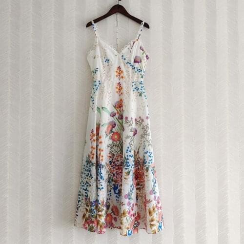2021 Summer Spaghetti Strap Women Silk Dress White Floral Print Fashion Elegant Party Long Dresses