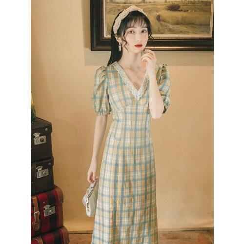 2020 new fashion womens clothing Short Plaid V-Neck Puff Sleeve Vintage dresses