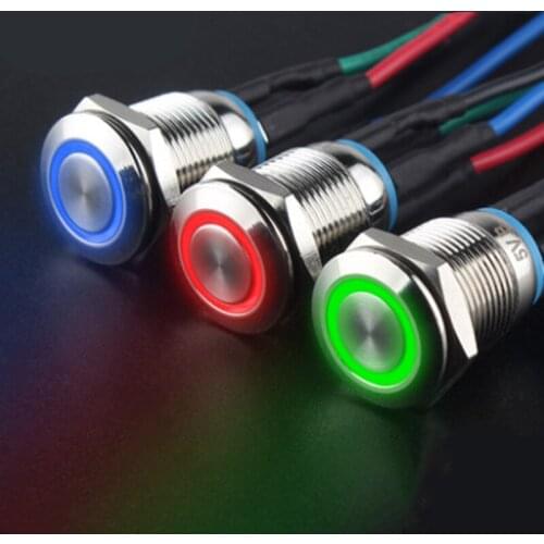 1pcs 12mm Metal Push Button Switch Flat Head Ring LOGO 3-220V Self-reset Momentary Waterproof Car Auto Eng