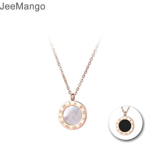 JeeMango Classic Roman Numerals Black White Shell Chains Necklaces Jewelry Titanium Steel Chokers Necklace For Women Gift N18019