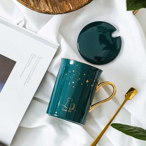 Ceramic Creative Color Starry Sky Cat Cartoon With Lid Cup Kitten Coffee Mugs Children Office Heat Resistant Drinkware Gift