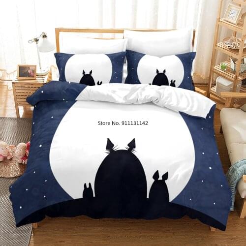 3D Totoro Digital Print Home Textile Japanese Anime Down Cover Pillowcase Deluxe Children Bedroom Black and White Bedding Set