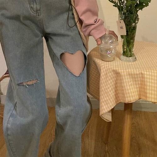 Korean Fashion Plus Size Wide Leg Jeans Ins Harakuju Loose High Waist Heart Shape Ripped Demin Pants Casual Slim Women Pants