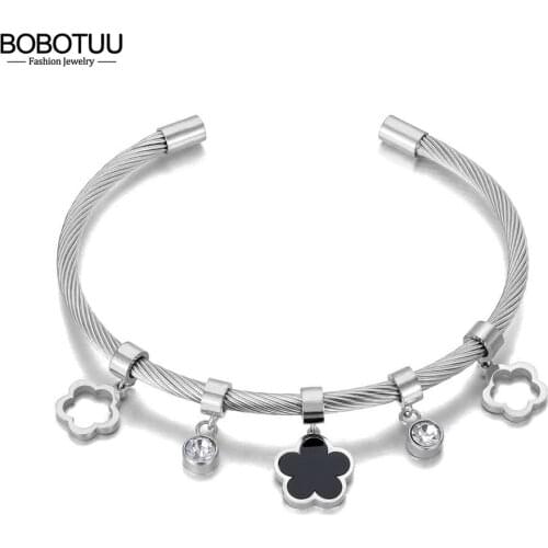 BOBOTUU Trendy Black Acrylic Flower Charm Bracelet Bangle Stainless Steel Bohemia CZ Crystal Bangles Jewelry For Women BB21011