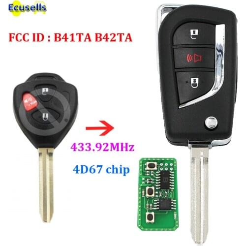Upgraded Flip 3 buttons Remote key FOB for Toyota Camry Corolla Hilux 433.92mhz with 4D67 chip FCC ID : B41TA B42TA TOY43 uncut