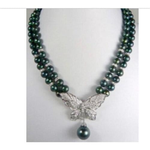 2 Rows Genuine Black Pearl Plated Crystal Butterfly Pendant Necklace