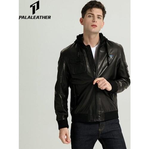 Casual Minimal Goatskin Leather Jacket With Knitted Hood
