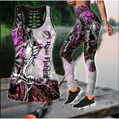 Fashion Animal Dass Fishing Art Pink Women Hipster Hollow Tanktop and Legging 3D Print Leisure Female Sexy Vest Clothes S-271