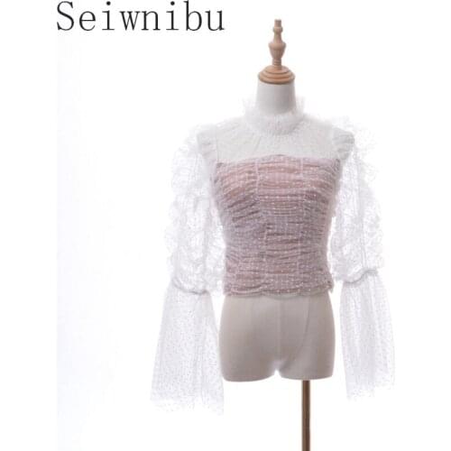Seiwnibu Mesh Patchwork Dot Shirt For Women Stand Collar Flare Sleeve Ruched Sexy Shirts Female Fashion New Clothing