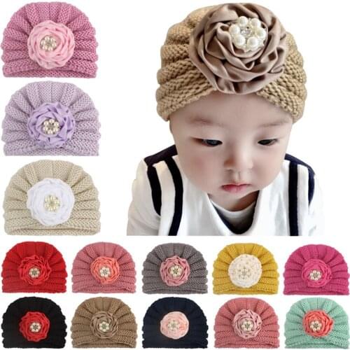 Newborn Infant Baby Cap Kids Baby Boy Girl Turban Cotton Hat Indian Turban Velvet Beanie Hat Pearl Flower Solid Soft Cap