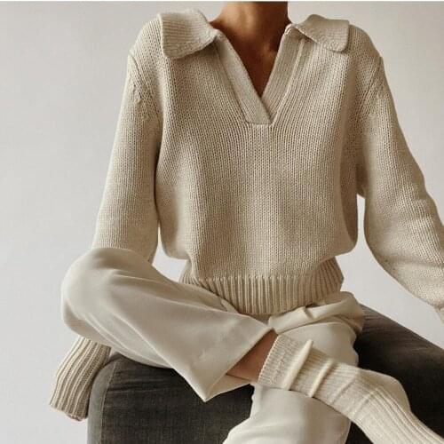 Elegant Turn-down Collar Knitted Sweater Women Solid Basic Cropped Pullovers Autumn Winter Fashion Clothing Top 2021 Sexy Jumper