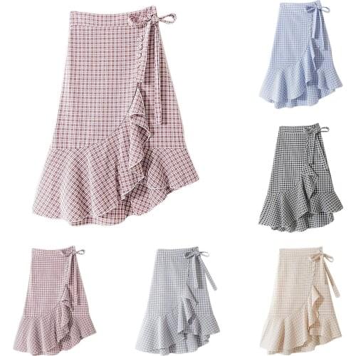 Womens Fashion Elastic High Waist Plaid Mid-length Asymmetric Ruffles Skirt Casual Mini Women Skirt