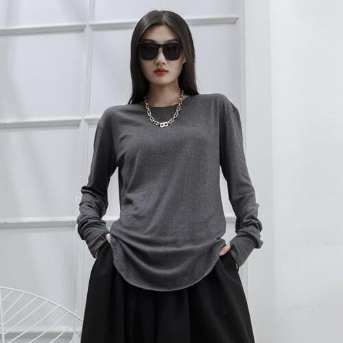 2021 spring and summer new black white dark gray medium length round neck mitten loose long sleeve T-shirt for women
