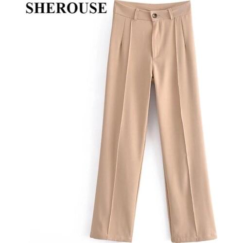 SHEROUSE Women Fashion Front Zipper Solid Pants Vintage Hight-Waist Elastic Waist Casual Female Trousers Chic Pant