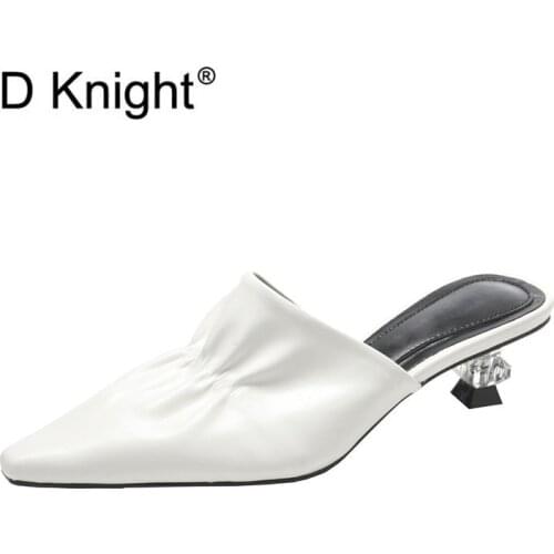 2020 Summer Womens Slippers Slip On Pointed Toe Crystal Small Heels Mules Shoes Woman Slides White Pu Leather Ladies Dress Shoe