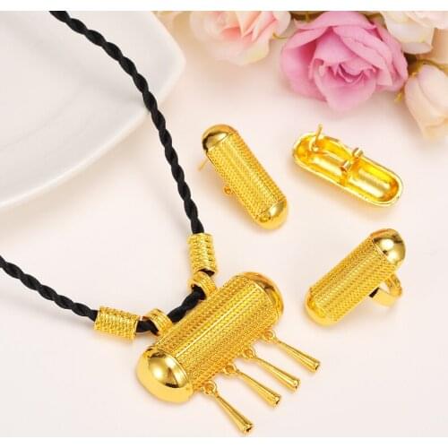 Women Ethiopian Necklaces Earrings Ring Gold bridal jewelry sets Arab/Africa Wedding Brides Dowry party jewelry friend gift