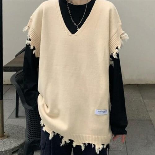 Mens spring and autumn vest 2021 Korean version of the retro dark gnaw destruction knitted vest sweater sleeveless jacket men