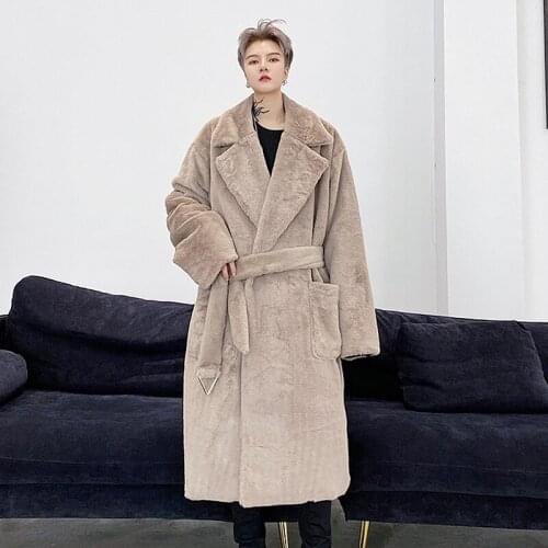 Winter Mens Loose Cashmere Warm Long Overcoat Black Apricot Thick With Belt Lapel Collar N30