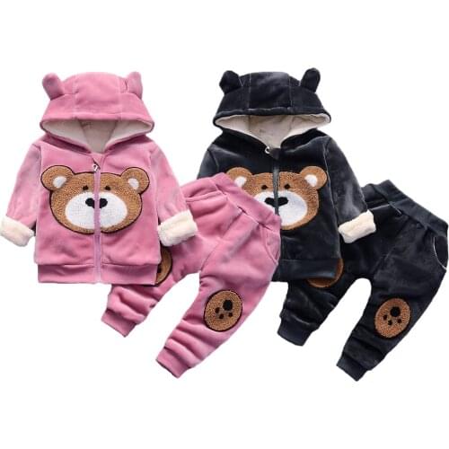 Winter Warm Baby Girls Clothing Set Bear Double Layer Velvet Thick Cotton Suits For Girls And Boys Hoodies Jacket And Pants 2Pcs