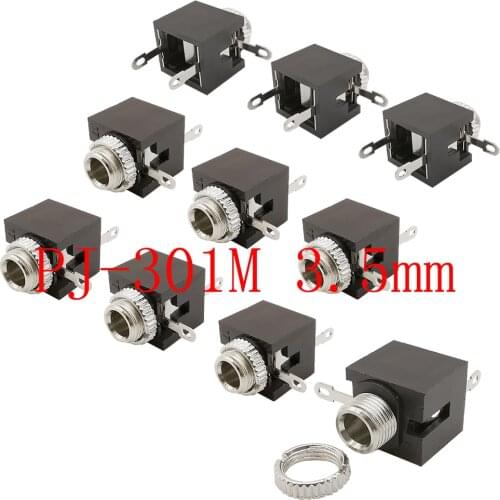 10Pcs PJ-301M 3.5mm Female Audio Connector 3 Pin DIP Headphone Jack Socket Mono Channel PJ301M with Nut