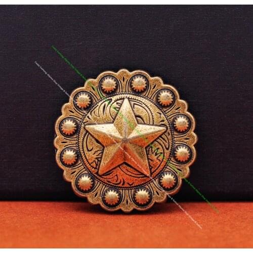 10X Antique Brass Solid Western Berry Flower Texas Star Cowboy Concho for Belt Leathercraft Accessories Luggage Bag Hardware