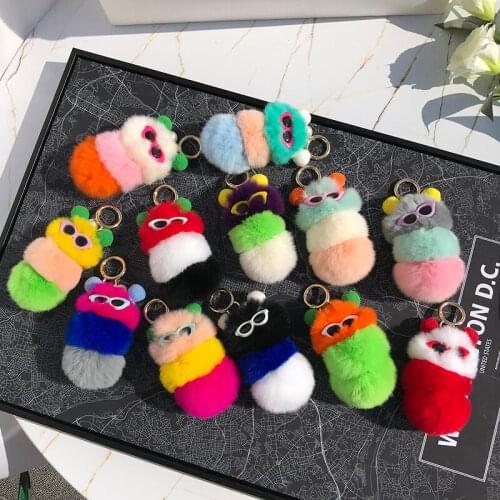 Real Rex Rabbit Fur Caterpillar Pompom Keychain With Sunglasses and Winter Knit Hat Insect Bag Beach Purse Charm