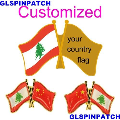 Lebanon Crossed Friendship Flag Double Country lapel pin Brooch USA UK France Chile Russia Saudi Arabia Japan Spain Badge