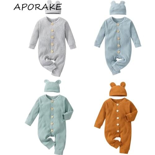 2021 0-24M Infant Baby Jumpsuit Boys Girls Solid Color Button Fly O Neck Long Sleeve Romper+Hat Cute Spring Fall 2pcs