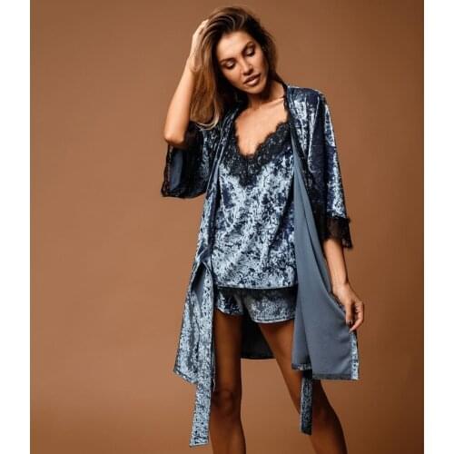 Hiloc Velvet Nightgown Knitting Robes Women Set Woman 3 Pieces Sleepwear Lace Patchwork Robe Home Pajama Sets Nightwear Bathrobe