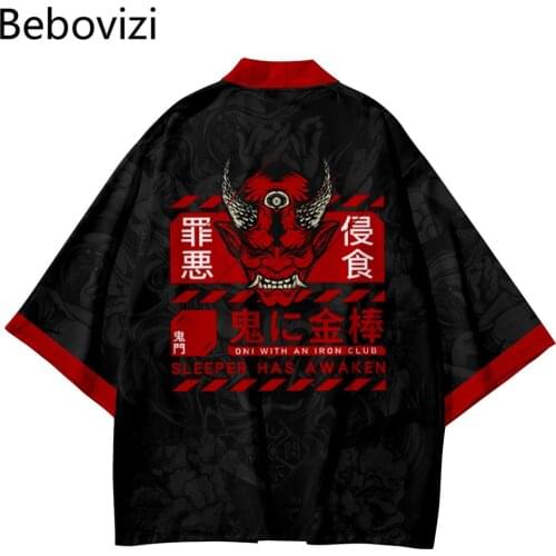 Anime Demon Print Kimono Japanese Streetwear Men Women Cardigan Cosplay Haori Yukata Harajuku Tops Robe Fashion Asian Clothes