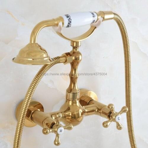 Gold Color Brass Shower Faucet Wall Mounted Double Handle Bathroom Shower Mixer Faucet with Hand Shower Nna824