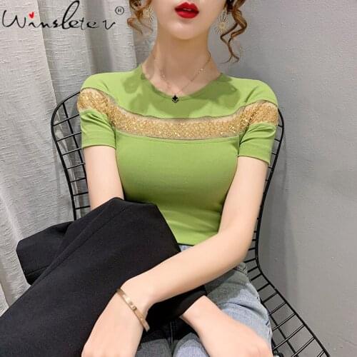 Summer Korean Clothes T-Shirt Girls Chic Sexy O-Neck Mesh Shiny Beads Women Tops Short Sleeve Bottoming Shirt Tees 2021 T13118A