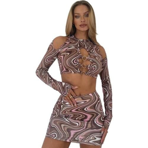 FiiShiMi Power Fall Clothing 2021 Round Buckle Long Sleeve Crop Top Sheath Skirt Set Elegant Women Two Piece Set