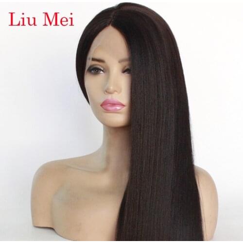 Dark Brown Color Yaki Straight Synthetic Wigs Heat Resistant Long Italian Yaki Swiss Lace Synthetic Lace Front Wig For Women